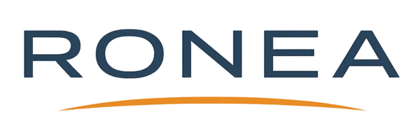 Firmenlogo in Großbuchstaben RONEA darunter mittig eine leicht gebogene orange Linie